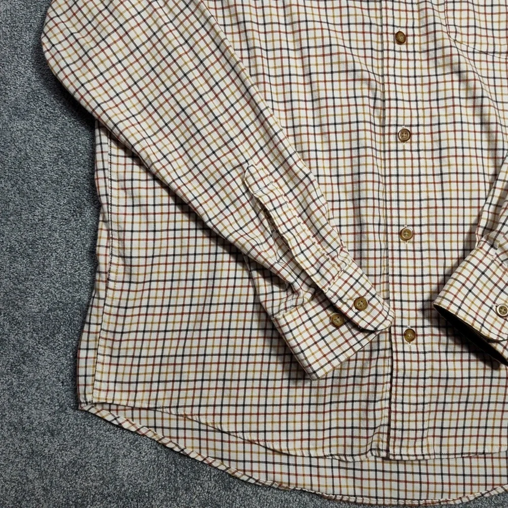 Cabelas Mens Long Sleeve Plaid Button Up Shirt Brown Tan Pocket Casual L